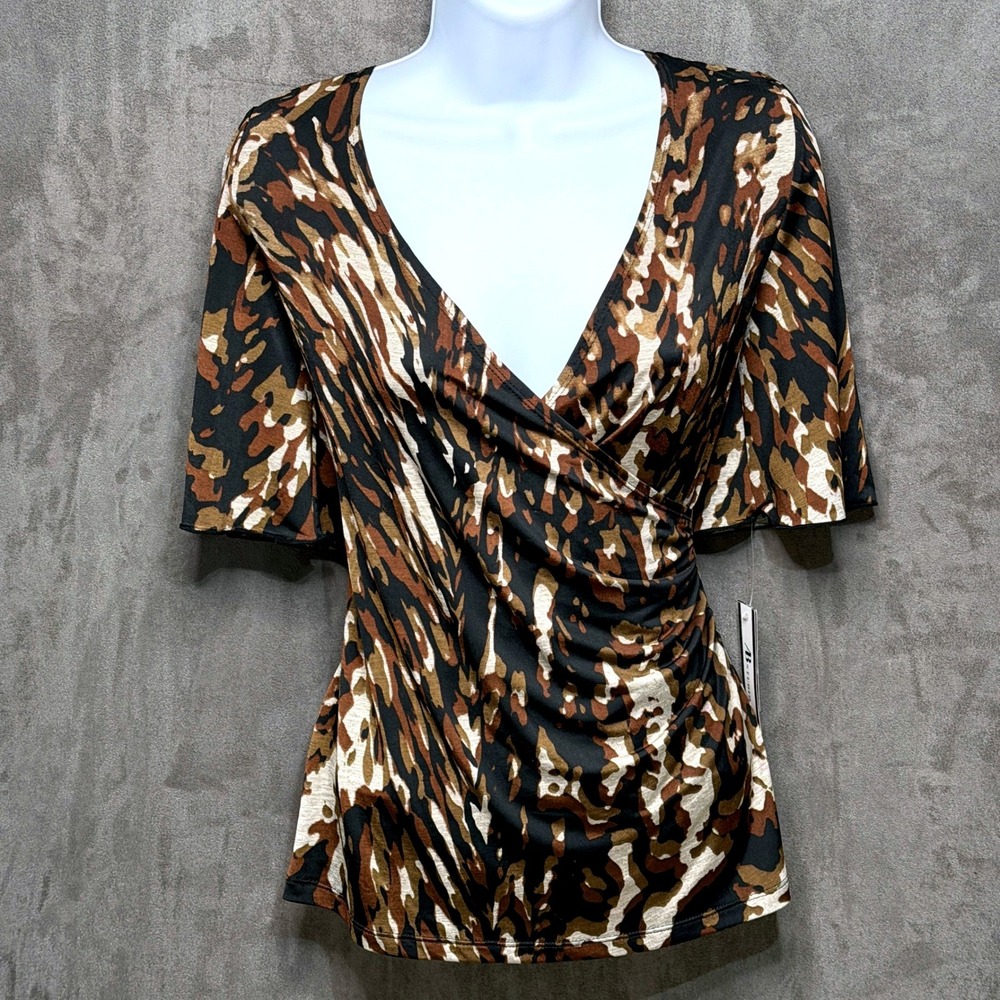 Vtg Y2K AB Studio Faux Wrap Top Women S Brown Abstract Short Sleeve Office Siren